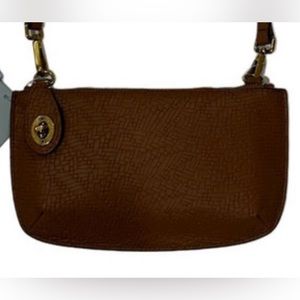 Antonio Melani genuine brown leather woven embossed pouchette crossbody bag